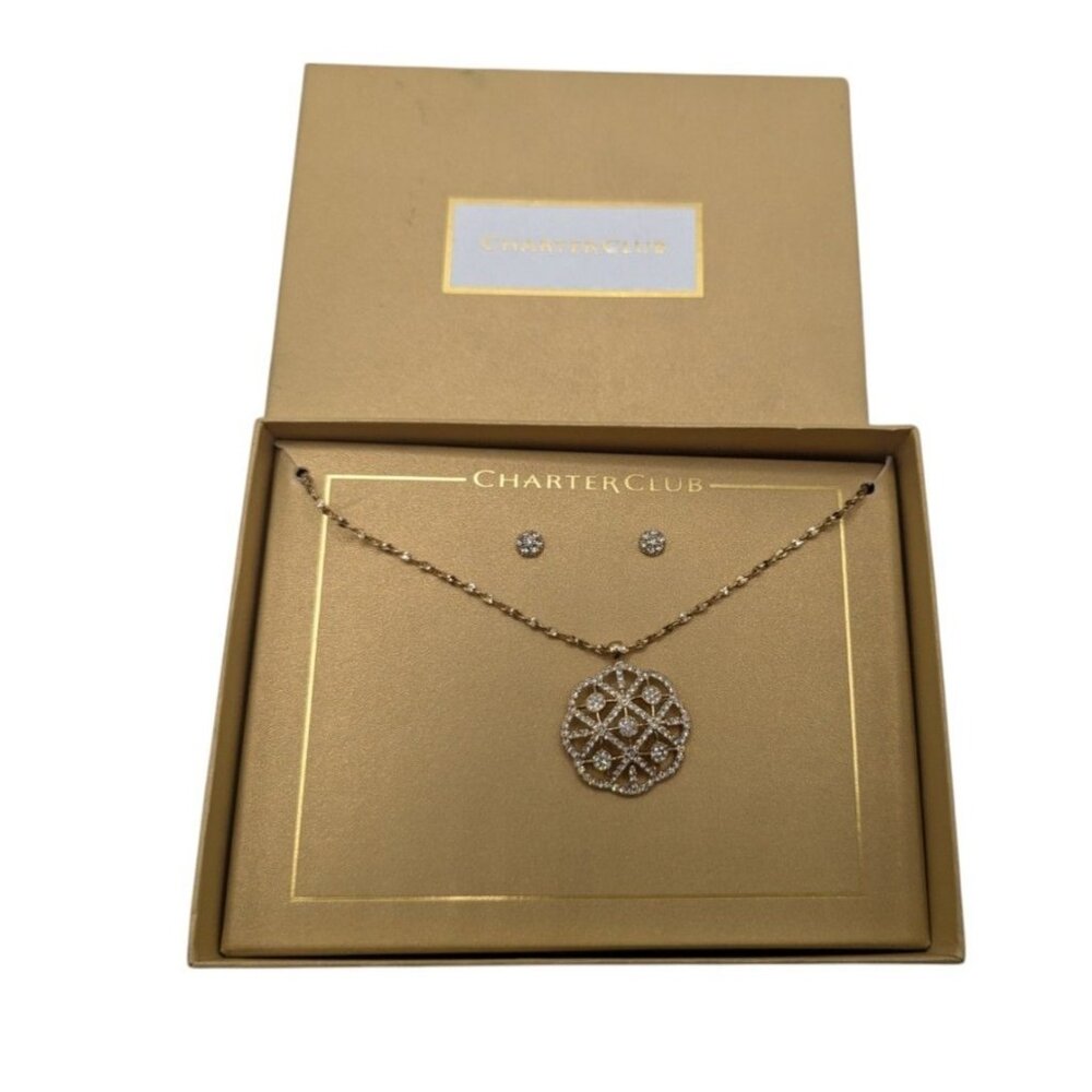 Charter Club Gold-Tone Necklace & Earring Set With Sparkling Pendant & Studs In - Picture 1 of 9